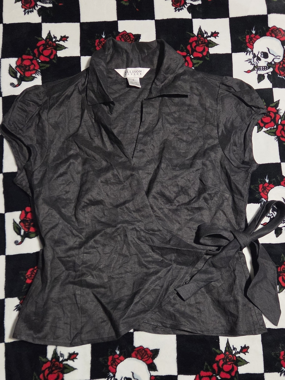 Allison Taylor Linen Black Wrap Top